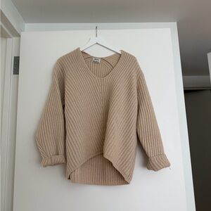 Acne Studios Deborah Wool Sweater - Oversized Ribbed V-Neck Sweater in Beige